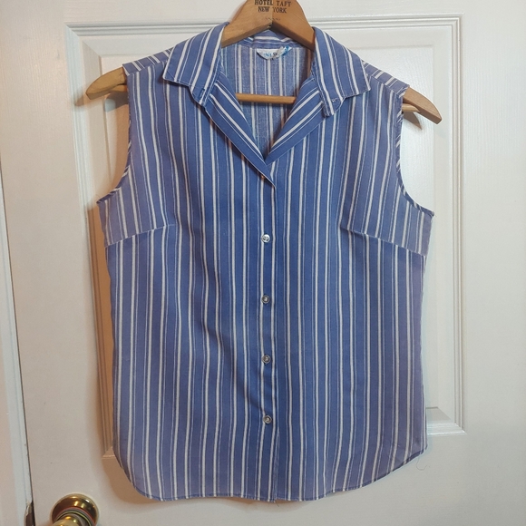 Paris Station Vintage Blue White Striped Sleeveless Button Up Shirt Coastal Sz M - Picture 1 of 9